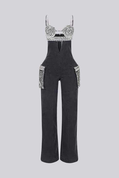 Varon Crystal Bra Denim Jumpsuit
