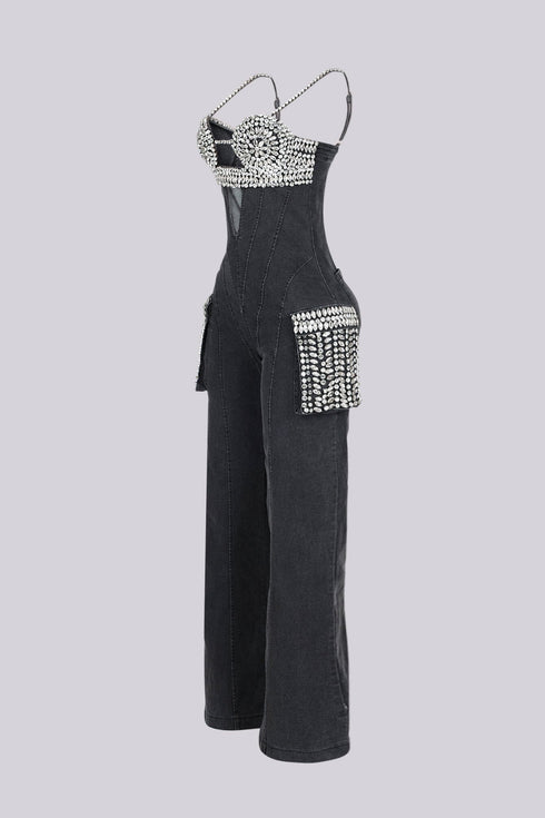 Varon Crystal Bra Denim Jumpsuit