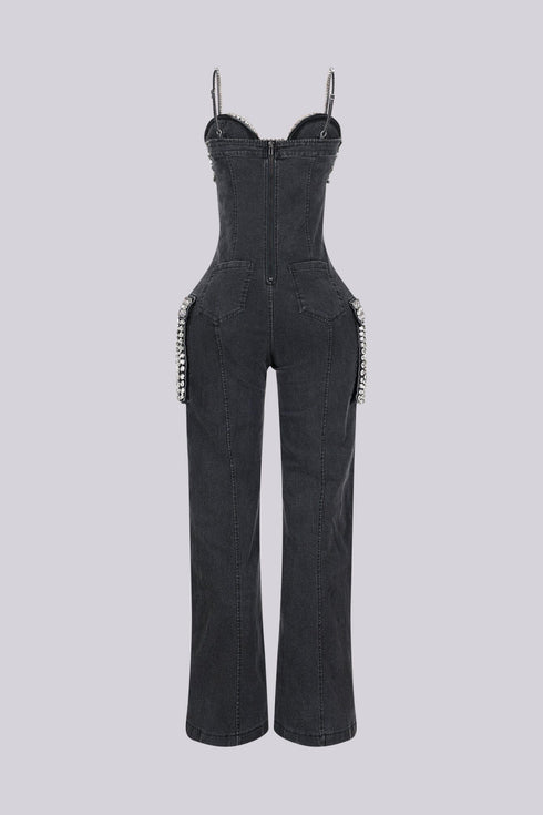 Varon Crystal Bra Denim Jumpsuit