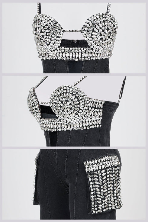 Varon Crystal Bra Denim Jumpsuit