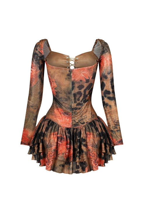 Reyna Print Mesh Ruffle Mini Dress