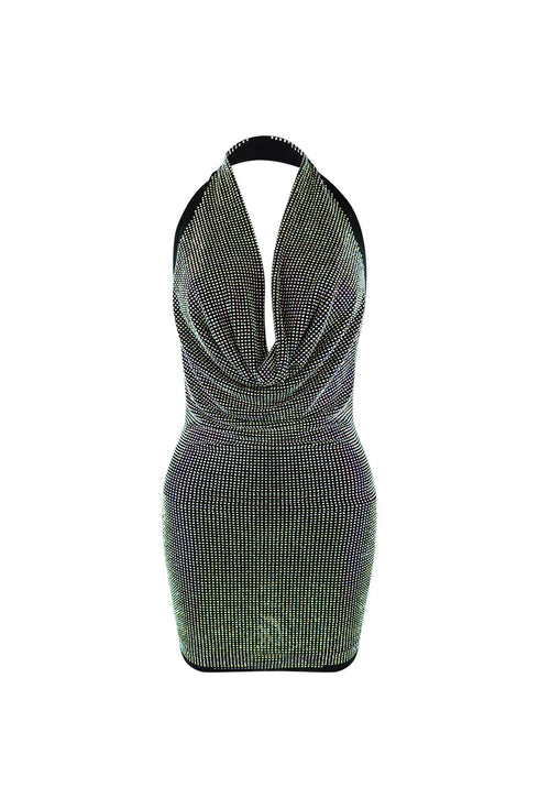Stunning Cowl Neck Rhinestone Mini Dress