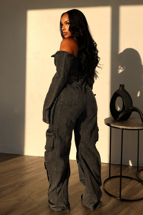 Ultimate Denim Off Shoulder Jumpsuit Rompers + Jumpsuits EDGE