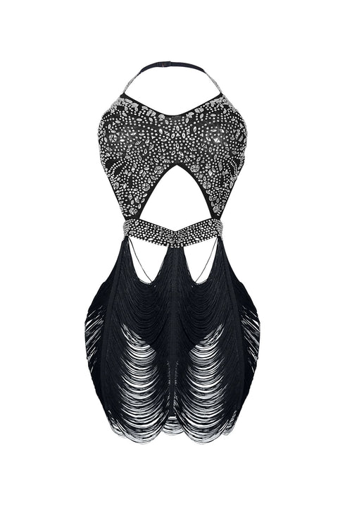 Shake It Draped Tassel Fringe Rhinestone Dress