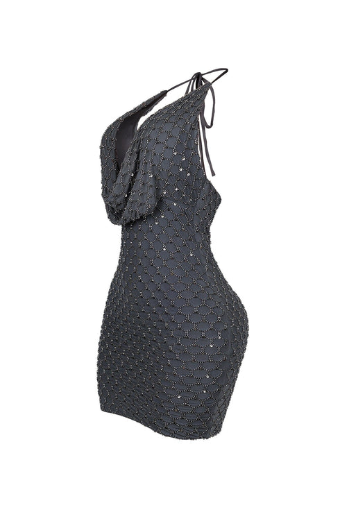 Rebecca Beaded Cowl Neck Halter Mini Dress