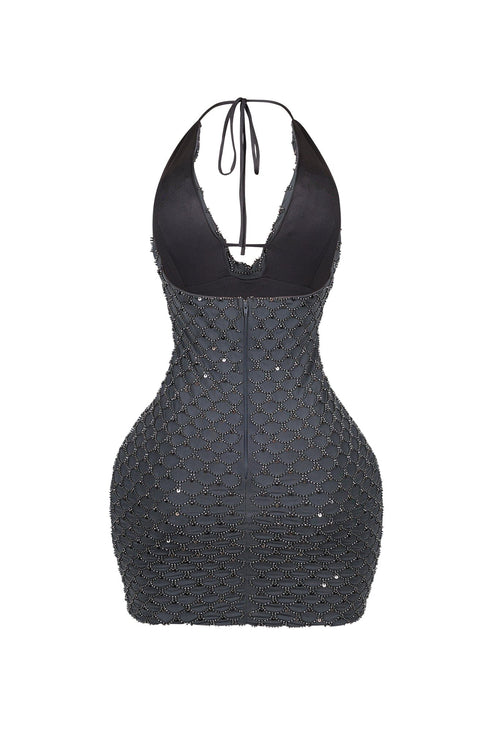 Rebecca Beaded Cowl Neck Halter Mini Dress