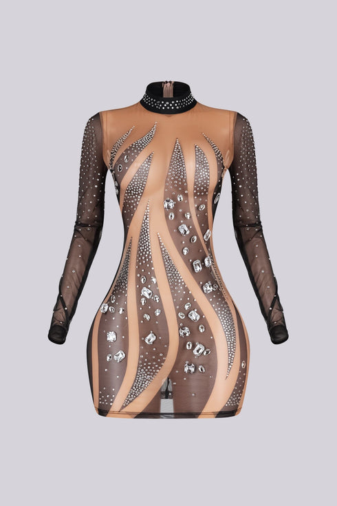 Elira Long Sleeve Rhinestone Mesh Dress