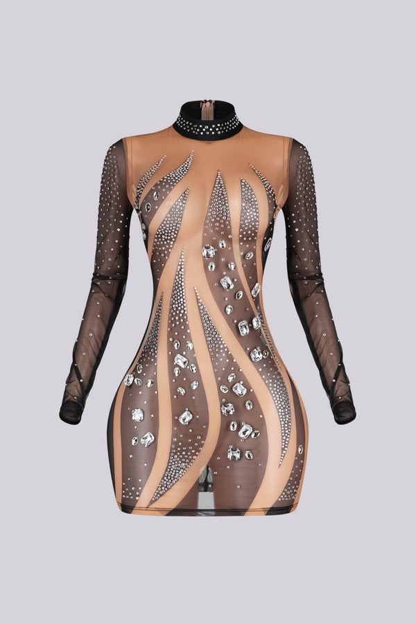 Elira Long Sleeve Rhinestone Mesh Dress