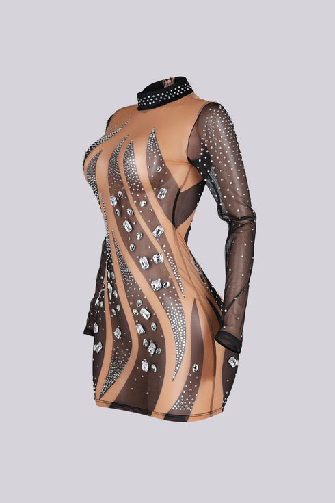 Elira Long Sleeve Rhinestone Mesh Dress