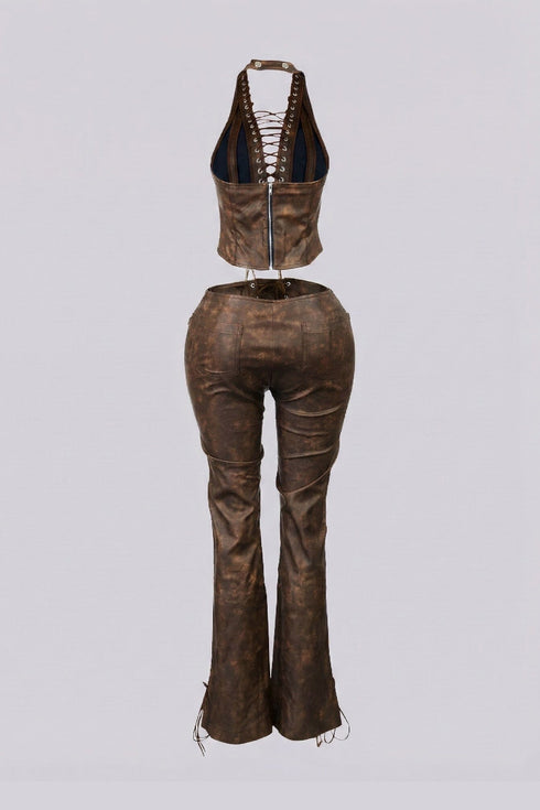 Claudia Vintage PU Halter Top & Pants SET