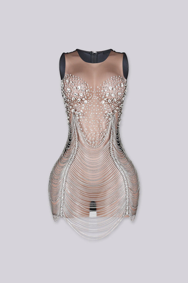 Crystal Contrast Mesh Mini Dress