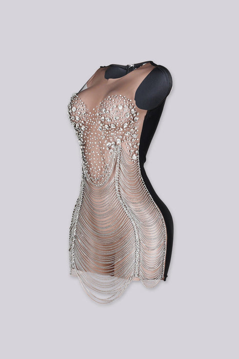 Crystal Contrast Mesh Mini Dress