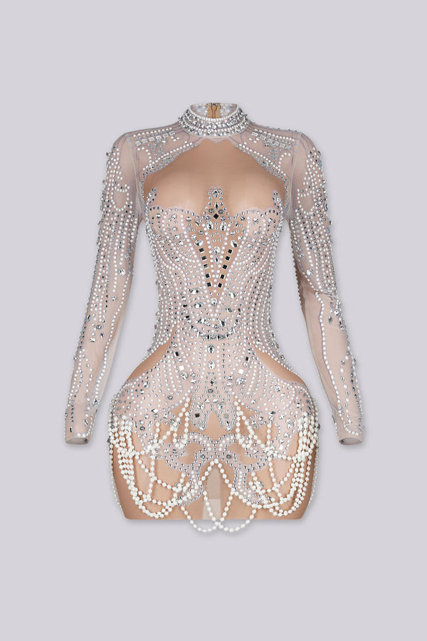 See Through Mesh Mini Dress With Pearl & Rhinestone