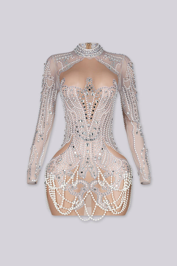 See Through Mesh Mini Dress With Pearl & Rhinestone