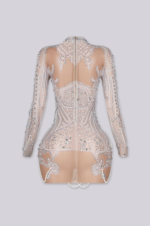 See Through Mesh Mini Dress With Pearl & Rhinestone