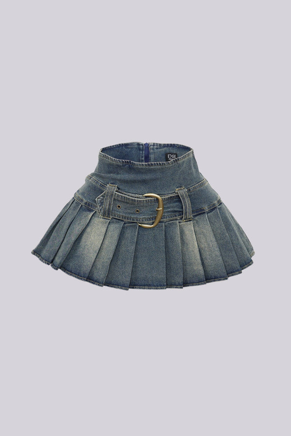 Top Tucked Into Pleated Denim Skirt