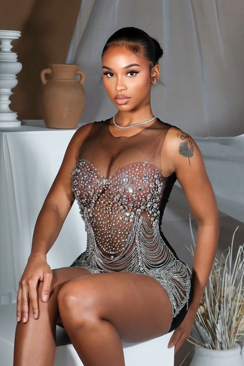 Crystal Contrast Mesh Mini Dress