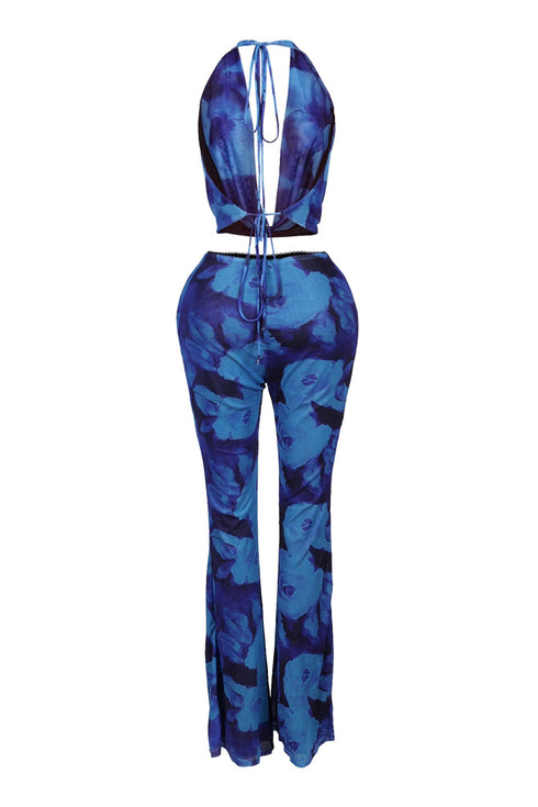 Georgina Floral Print Mesh Halter Top & Pants SET