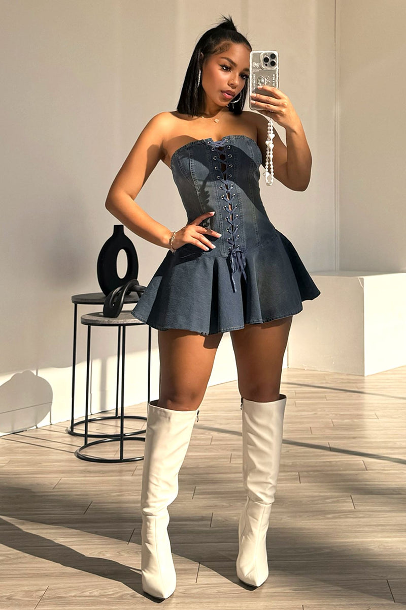 Sweet Denim Corset Flare Mini Dress Sweet Denim Corset Flare Mini Dress