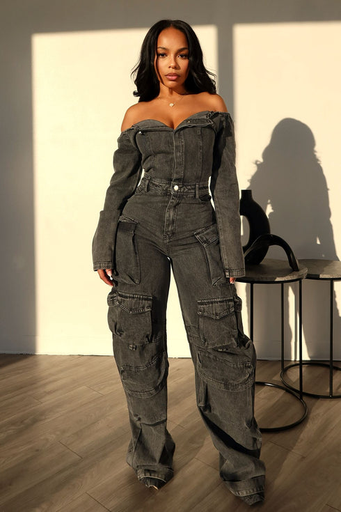 Ultimate Denim Off Shoulder Jumpsuit Rompers + Jumpsuits EDGE Small Black Denim