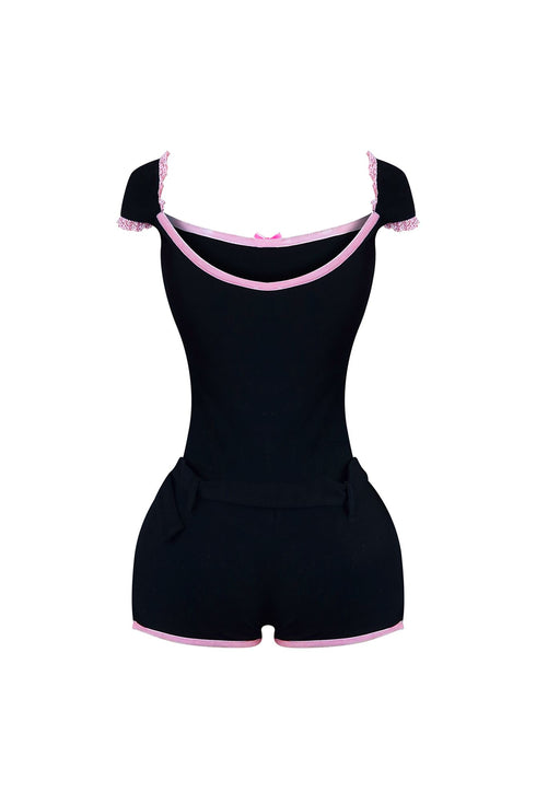 Unlock It Lace Trim Belted Romper