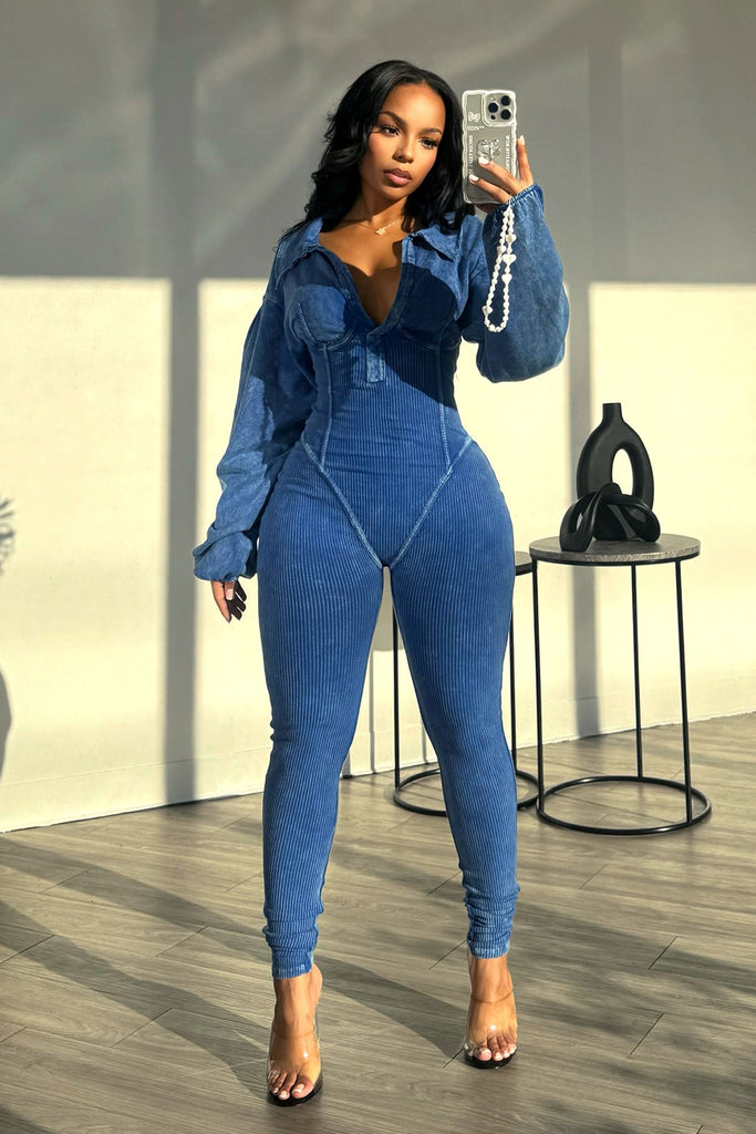 Baddie Mineral Washed Corset Jumpsuit Rompers + Jumpsuits EDGE Small Navy Blue 