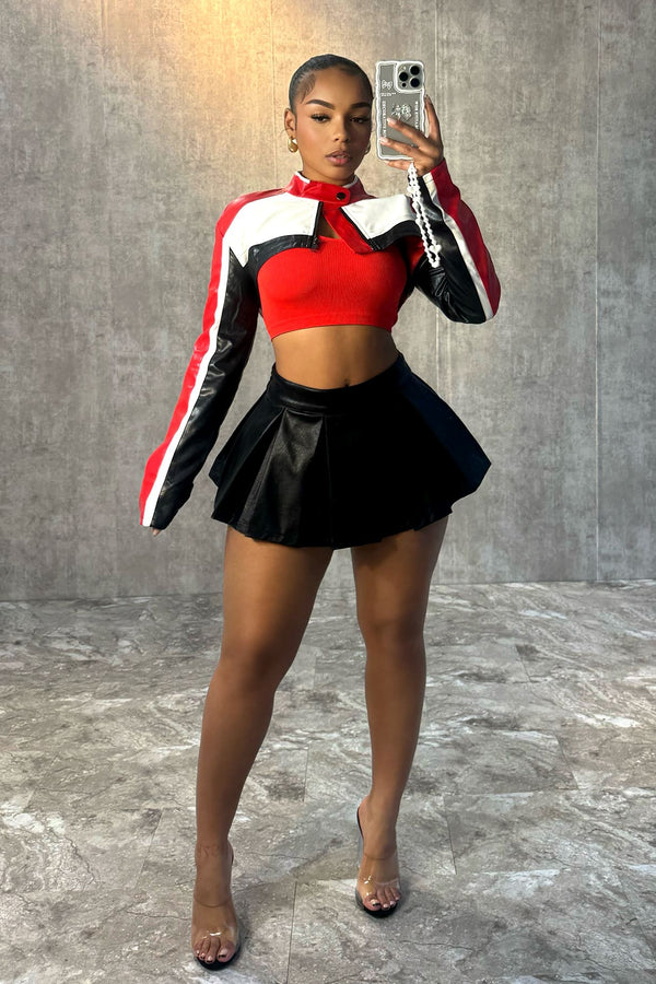 Bittersweet Faux Leather High Crop Jacket Outerwear EDGE Small Red/Combo