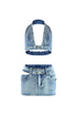 Hollaback Denim Halter Top & Skirt SET matching sets EDGE Small Medium Acid