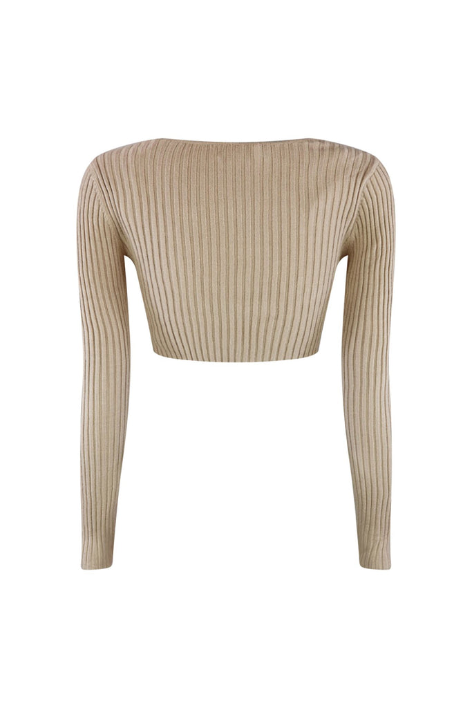 Taupe Less Knit Twist Top Crop Top EDGE 