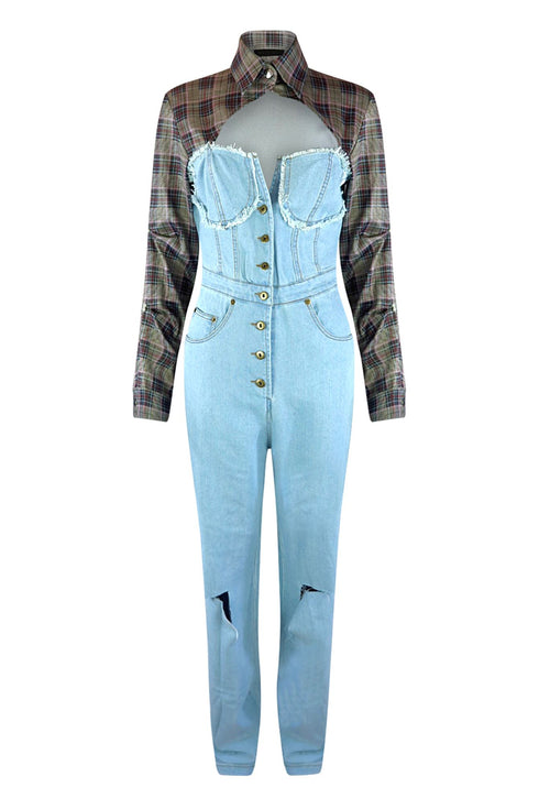 Giddy Up Plaid Shirt Denim Jumpsuit Rompers + Jumpsuits EDGE Small