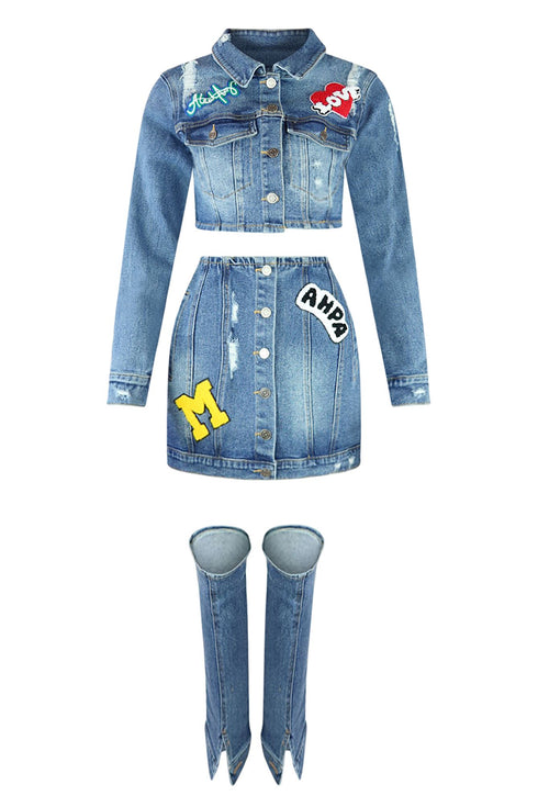 Whatever Patch Denim Jacket & Skirt Leg Warmers SET