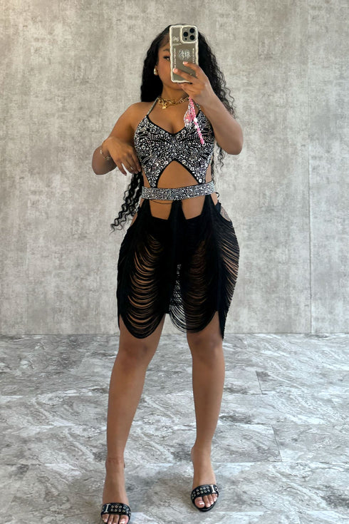 Shake It Draped Tassel Fringe Rhinestone Dress