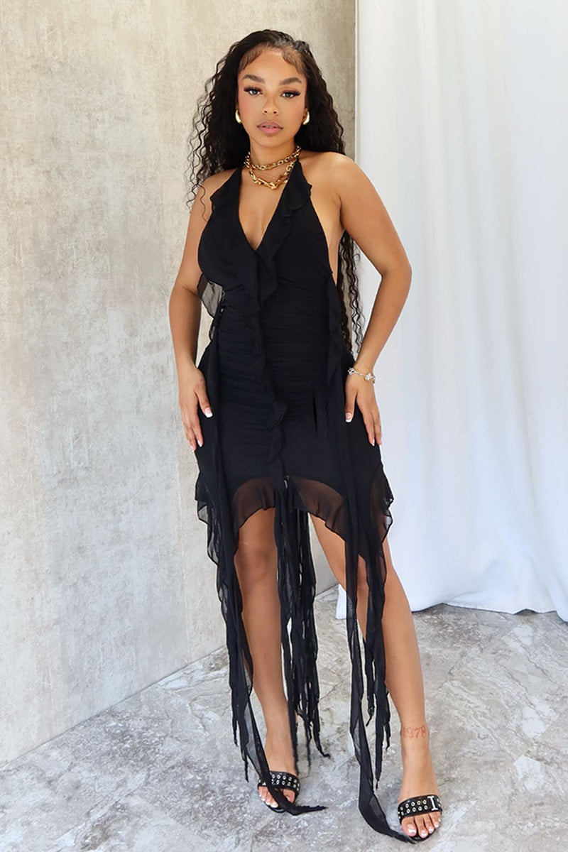 Call On Me Mesh Halter Tie Ruffle Dress Call On Me Mesh Halter Tie Ruffle Dress