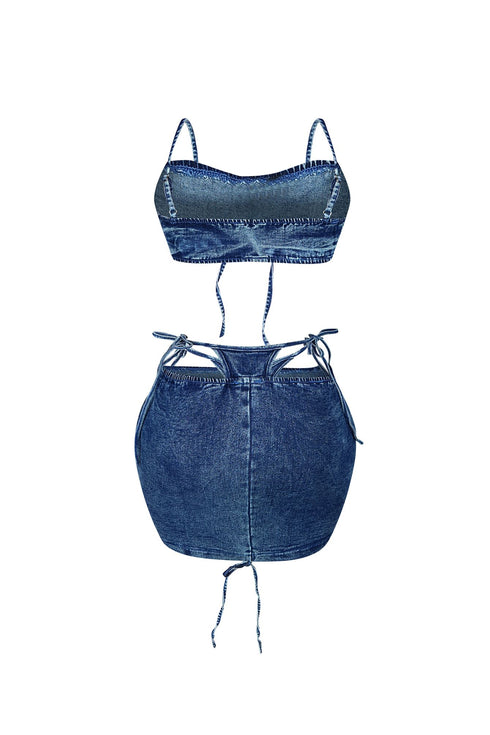 Love Addiction Denim Crop Top & Skirt SET