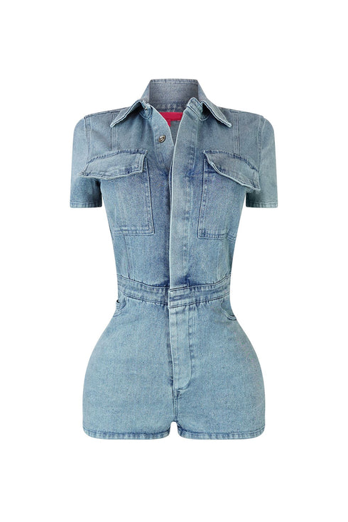 Same Page Collared Denim Romper
