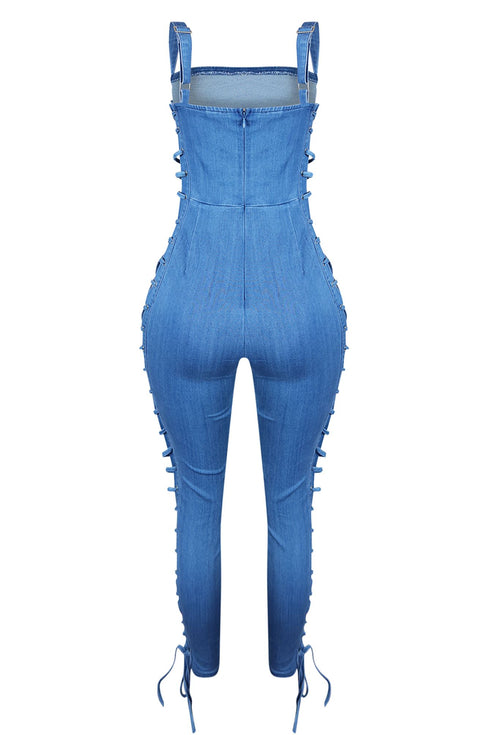 Take You Lace Up Denim Jumpsuit