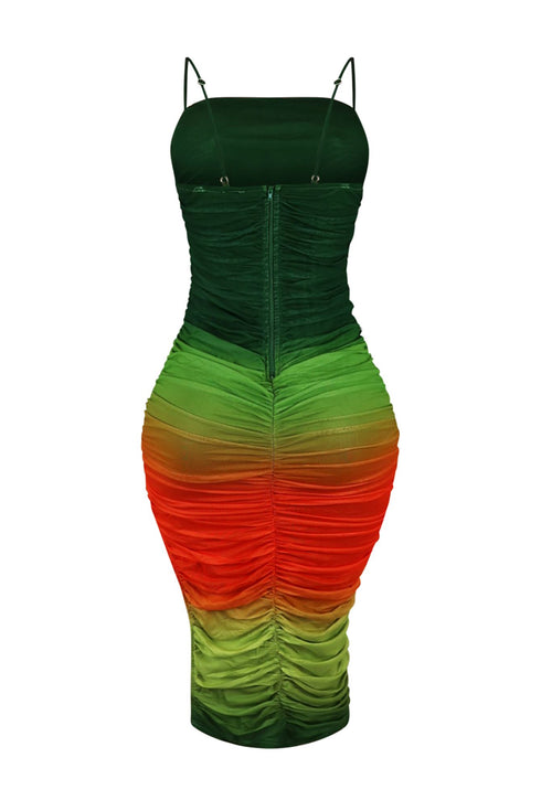 Coastal Ombre Mesh Ruched Midi Dress