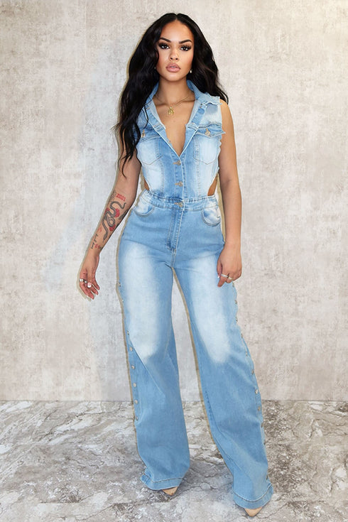 Snap It Out Wide Leg Denim Jumpsuit