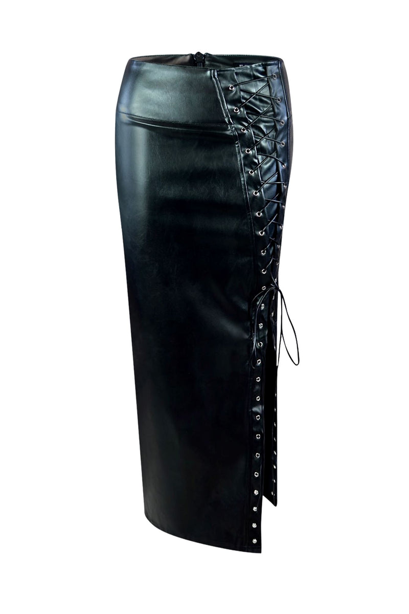 FAUX LEATHER NUDE LACE UP SKIRT main image 1