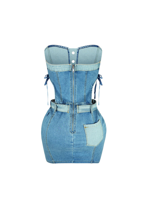 Tension Denim Color Block Strapless Dress