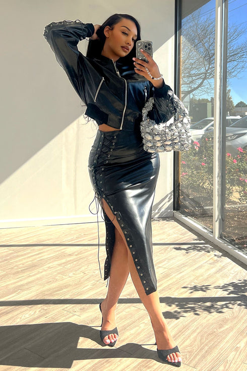 Heartbeat Vegan Leather Lace Up Skirt SKIRT EDGE Small Black