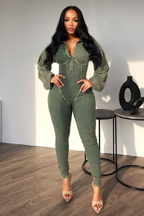 Baddie Mineral Washed Corset Jumpsuit Rompers + Jumpsuits EDGE Small Olive