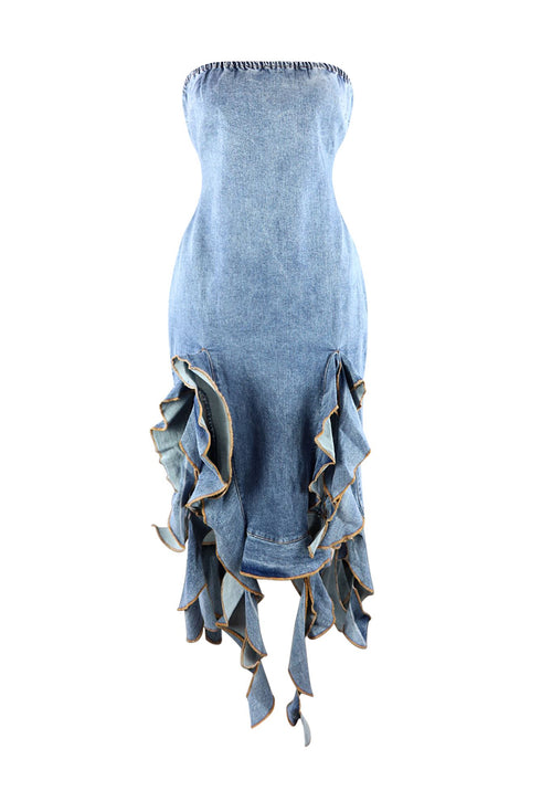 Rosie Ruffle Denim Tube Dress Dress EDGE Small Denim