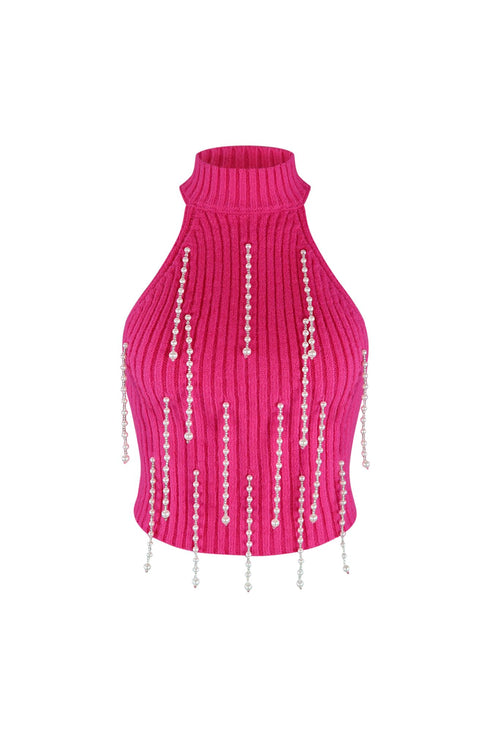 Pearlfect Halter Fuzzy Knit Top Crop Top EDGE Small Barbie Pink