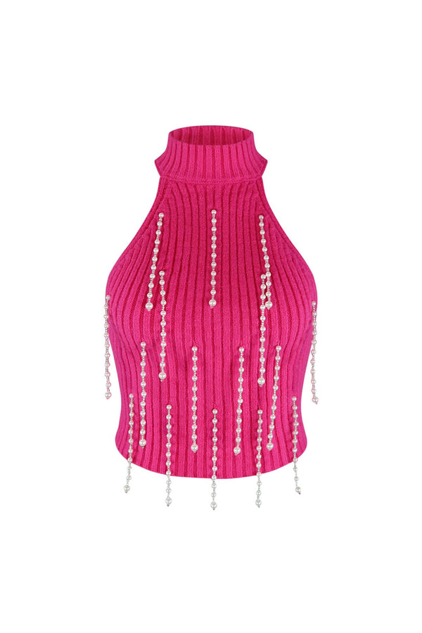 Pearlfect Halter Fuzzy Knit Top Crop Top EDGE Small Barbie Pink