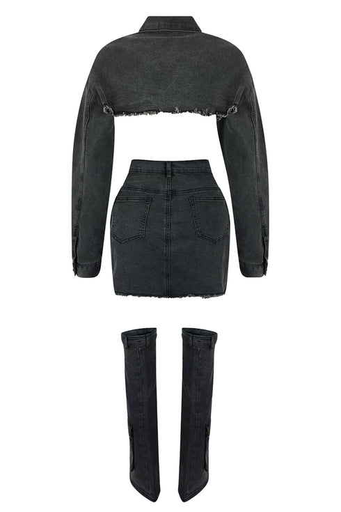 Stud Denim Jacket & Skirt Leg Warmers SET