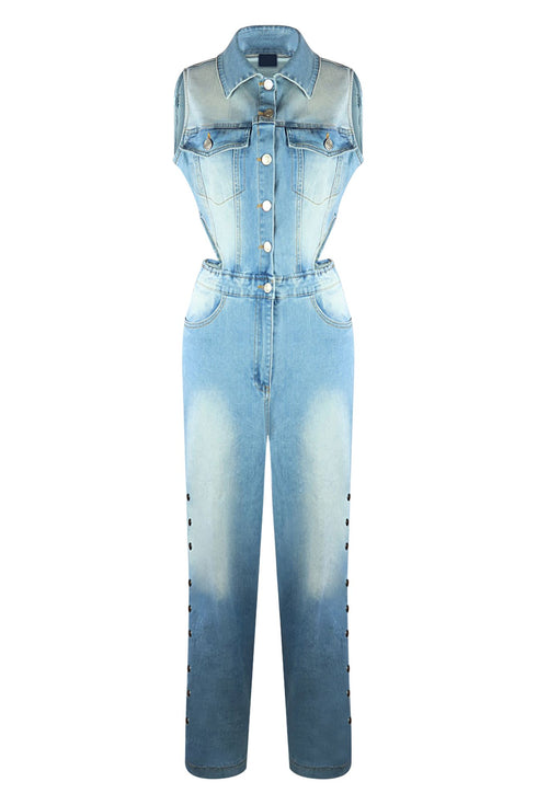 Snap It Out Wide Leg Denim Jumpsuit
