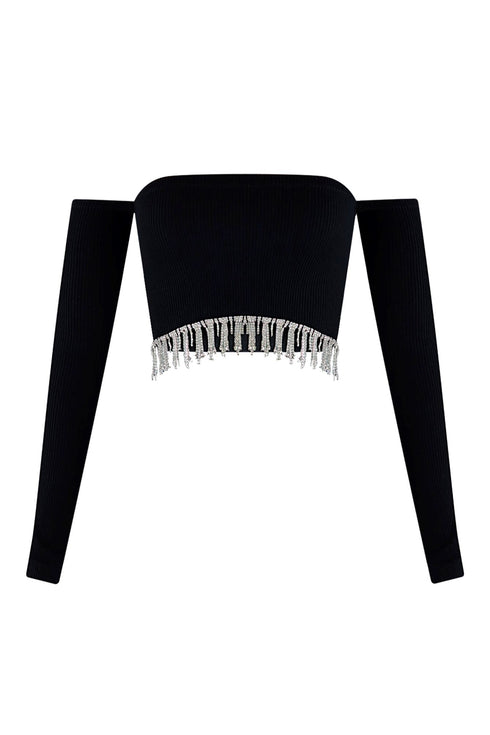 Divas Dancing Rhinestone Fringe Crop Top Crop Top EDGE Small/Medium Black