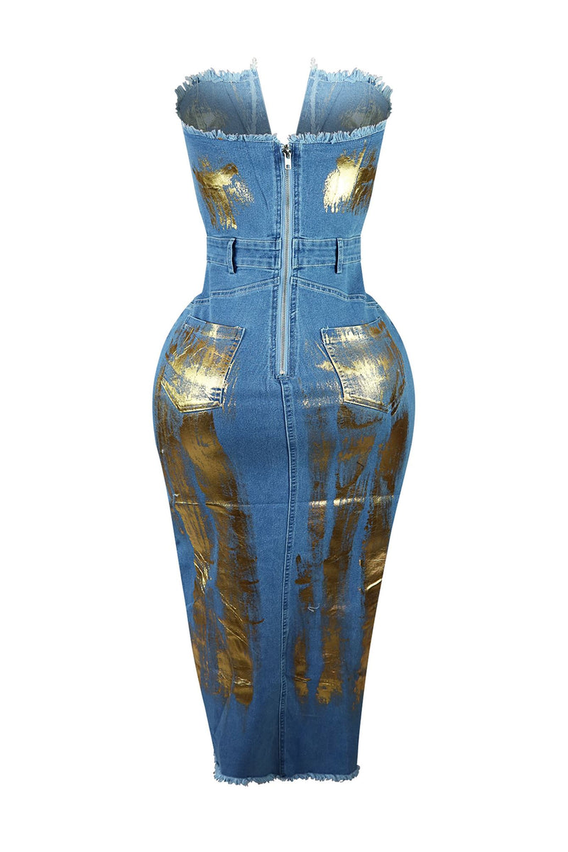 denim metallic dress Dezi Metallic Detail Wired Denim Dress