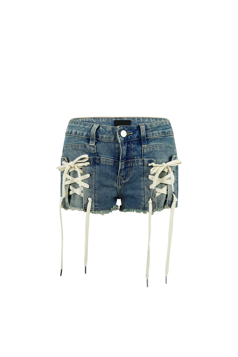 Play It Lace Up Denim Jean Shorts